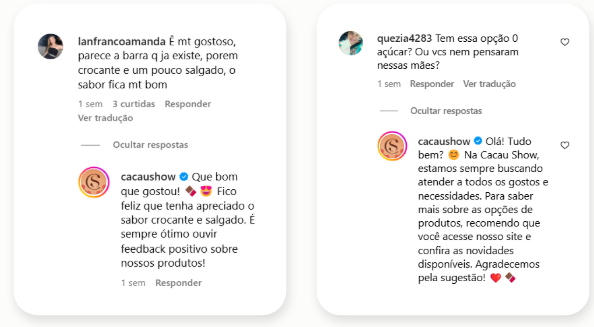 Respostas públicas no Instagram da Cacau Show por agentes inteligentes treinados com inteligência artificial